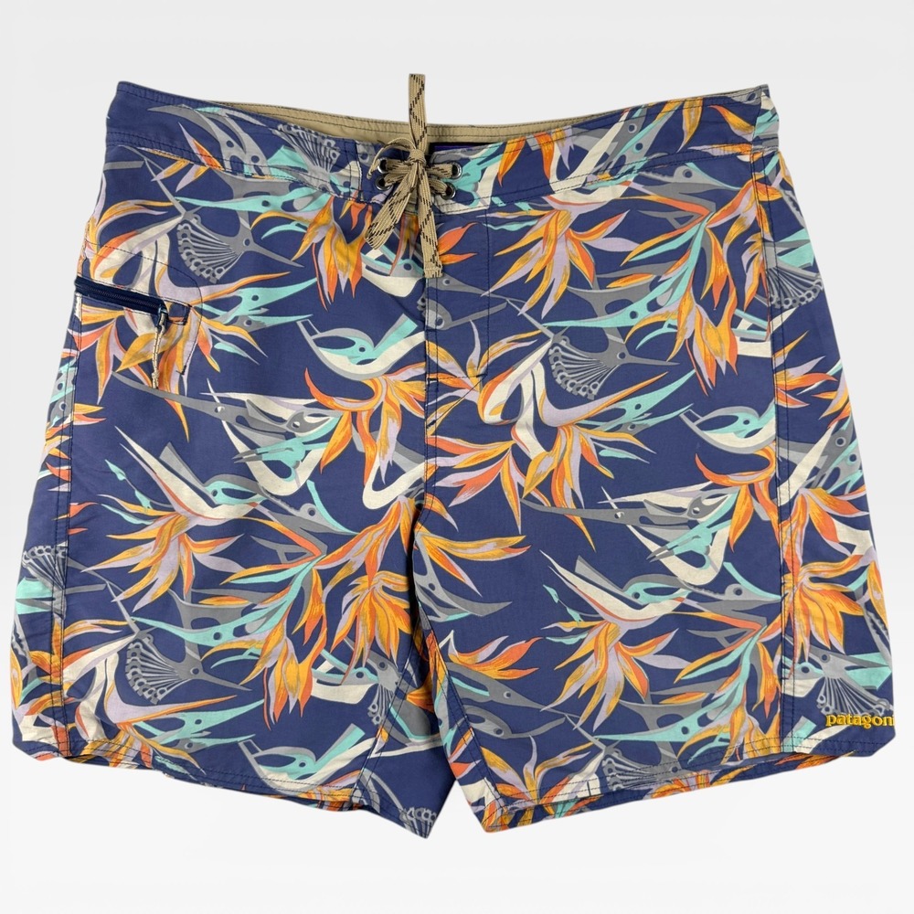 PATAGONIA Board Shorts Mens 36 Blue Floral Bird of Paradise Swim Trunks Surf